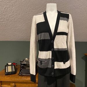 Halogen Cardigan Sweater Merino Wool Striped Black Gray Cream Large L